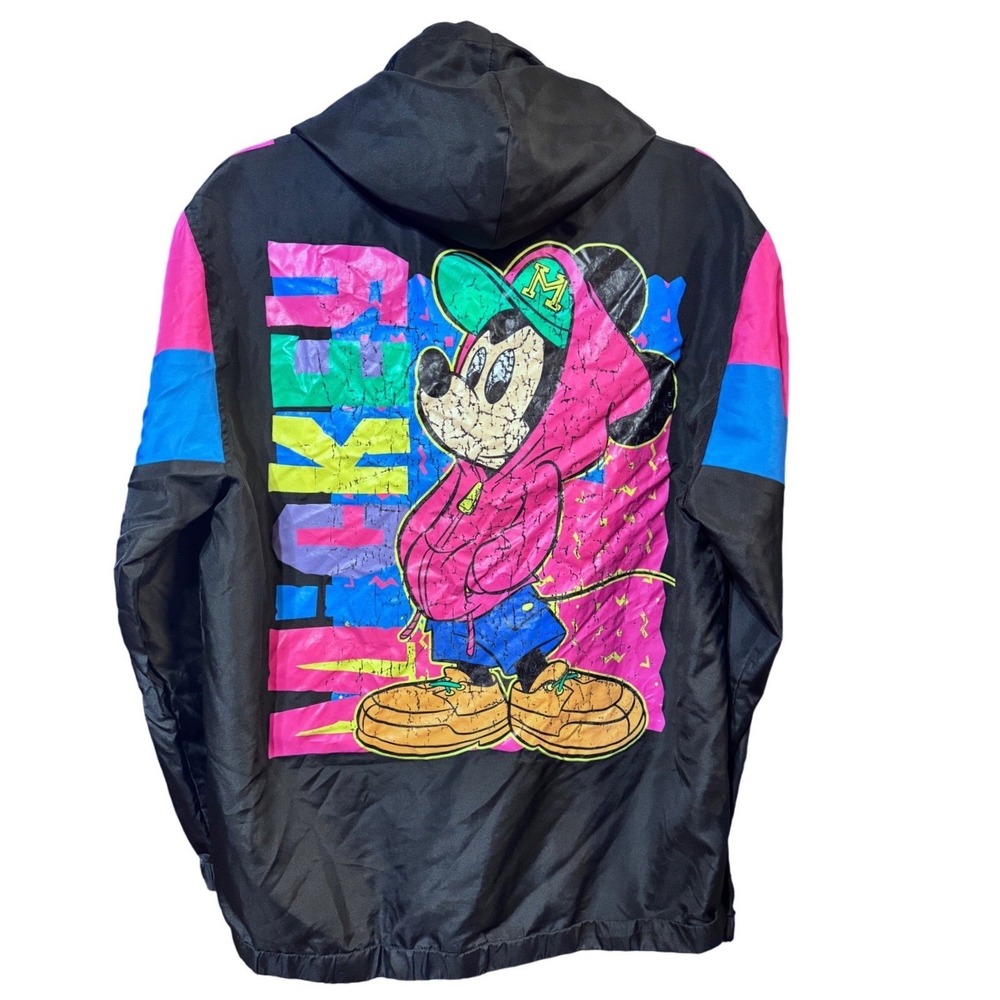 Disney Windbreaker Womens Small Mickey Mouse 90s Retro Colorblock Black Pink Y2K